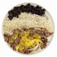 The Cheater  · Ground bison mixidxc with onions, brown rice, black beans, topped with low fat cheddar chees...