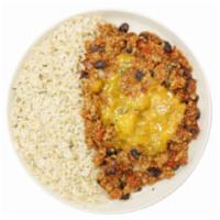 Ground Turkey Chili  · Turkey Chili, topped with low fat cheddar cheese over brown rice.
