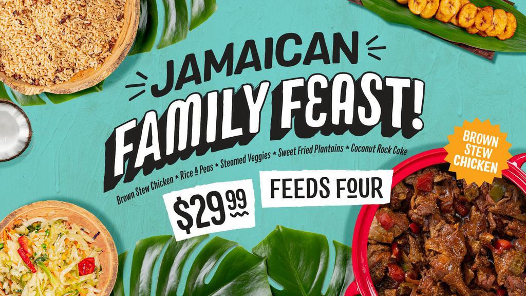Family Feast Brown Stew Chicken · Tender, flavorful Brown Stew Chicken (with gravy  - we've got your rice covered), Rice and Peas, Steamed Veggies, Sweet Fried Plantains, Coconut Rock Cake (4 pieces)