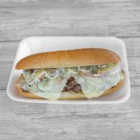 Beef Philly Sandwich · Contains Philly beef, mushrooms, grilled onions, bell peppers, melted provolone cheese, and ...