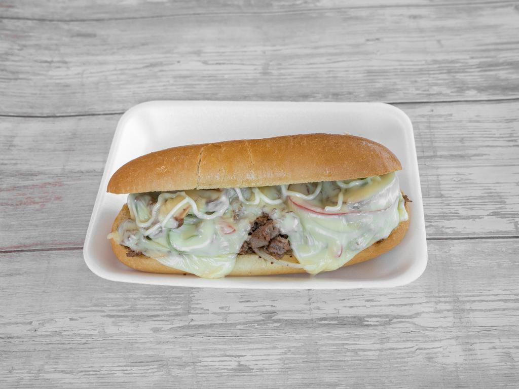 Beef Philly Sandwich · Contains Philly beef, mushrooms, grilled onions, bell peppers, melted provolone cheese, and mayo.