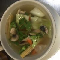 20. Clear Soup · Glass noodle soup with mushrooms and vegetable.