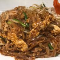 21. Pad Thai Chicken · The typical Thai noodles, egg, grounded peanuts, bean sprout and scallion.