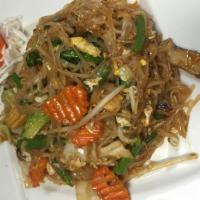 28. Veggie Pad Thai · The typical Thai noodles, egg, grounded peanuts, bean sprout and scallion/