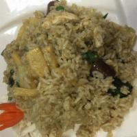 37. Chicken Green Curry Fried Rice · Stir fried jasmine rice with green curry paste, bamboo shoot, green beans, eggplant and basil.