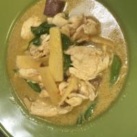 36. Chicken Green Curry · Green curry, sweet basil, bamboo shoots, green bean and eggplant, simmered in coconut milk.