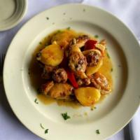Chicken Scarpariello · Chicken on the bone with sausage, potatoes and peppers in a garlic white wine sauce. Gluten ...