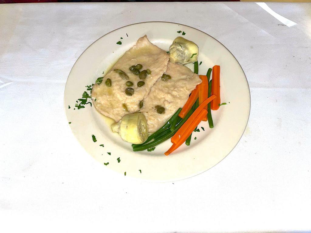 Chicken al Limone Dinner · Served with artichokes and capers in a white wine lemon sauce.