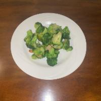 Broccoli · Sauteed with garlic and oil. Gluten free, vegan and vegetarian.