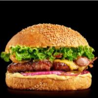 Angus Beef Burger · Juicy Angus beef stuffed in between a fresh baked bun.