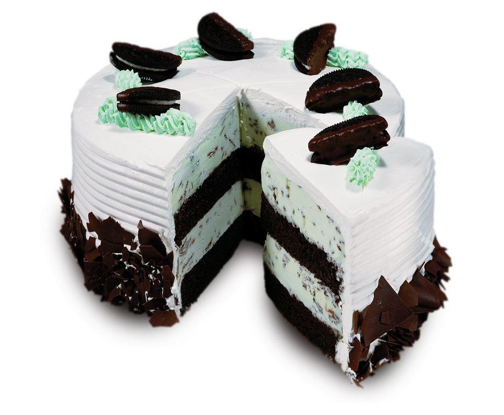 MMMMMMint Chip Cake · Layers of moist Devil's food cake and mint ice cream with chocolate shavings wrappedin fluffy white frosting