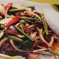 Mongolian Beef Wok Special · With brown sauce and vegetables.