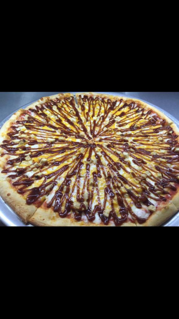 BBQ Chicken Lover Pizza · Chicken, onion, BBQ sauce, cheddar cheese and Parmesan cheese.