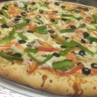 Vegetable Lover Pizza · Onion, green pepper, tomato, mushroom, black olives and Parmesan cheese.