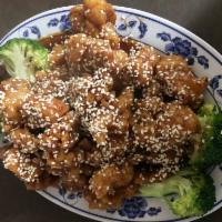 C2. Sesame · Tender chunks of beef or chicken deep fried then stir fried with our chef's special sauce an...