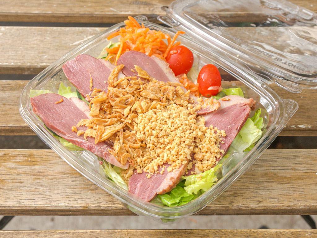 Green Salad with Smoked Duck Breast · With lettuce, cucumber, fried onions, pickled carrot and daikon radish, topped with roasted peanuts. Served with Vietnamese vinaigrette dressing (contains fish sauce) on the side.