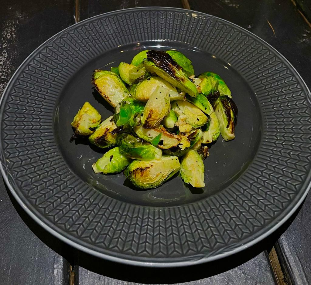 Roasted Brussel Sprouts · Brussel Sprouts, Garlic, Extra Virgin Olive Oil