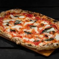 (LG) Margherita · Fresh Mozzarella, San Marzano Tomatoes, Basil, EVOO, Pecorino
