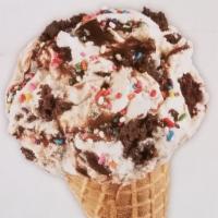Better Batter Boogie Board Ice Cream · Birthday cake ice cream, rainbow sprinkles, brownies and fudge.