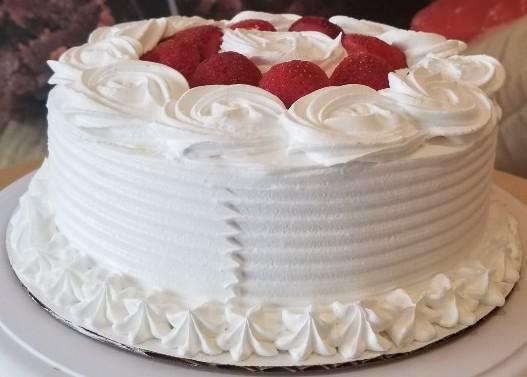 Strawberry Shortcake Ice Cream Cake · Yellow cake bottom, strawberry puree, vanilla and birthday cake ice cream, vanilla ice cream, and strawberries. SMALL SERVES 4-5. MEDIUM SERVES 9-10.