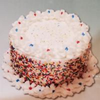 Sprinkle Ice Cream Cake · Yellow cake bottom,  Sweet Cream Ice Cream, Vanilla whipped icing, Rainbow sprinkles. SMALL ...