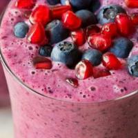 I Love POM Smoothie · Mango, banana and blueberries blended with fresh orange juice and pomegranate juice.