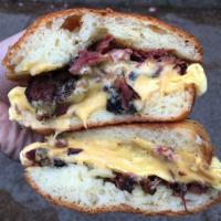 Pastrami, Egg and Cheese Breakfast Sandwich · Smoked and cured beef sandwich.