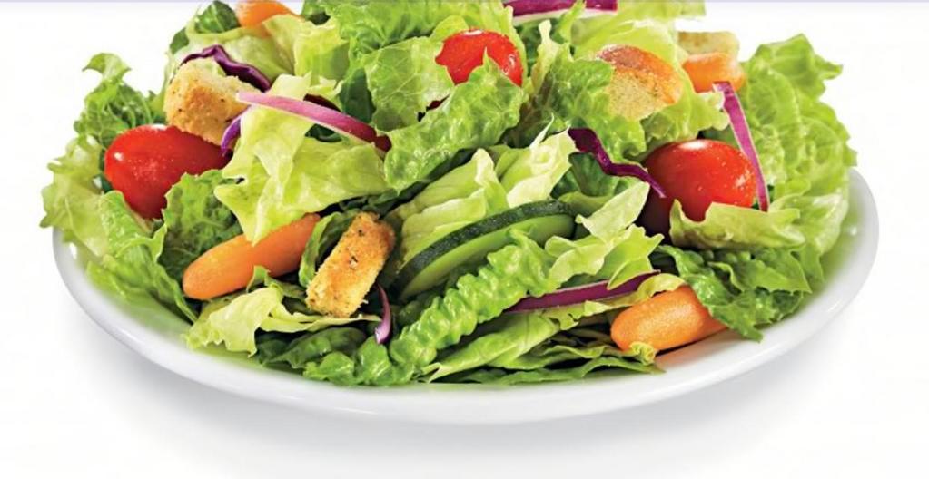 Garden House Salad · Crispy romaine lettuce, cucumbers, tomatoes and bell peppers and garlic roasted croutons.