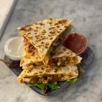 CHICKEN QUESADILLA  · Grilled Chicken, Grilled Peppers, Grilled Onions, Cheddar Cheese and Pepper Jack Cheese 