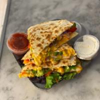 VEGGIE QUESADILLA  · Grilled Peppers, Grilled Onions, Grilled Mushrooms , Broccoli, Corn , Cheddar Cheese and Pep...