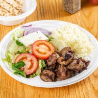 Pork Souvlaki Platter · Served with salad, pita bread and tzatziki sauce and choice of side.