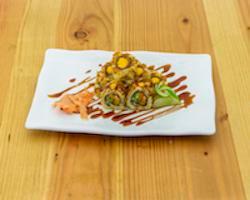 Tempura Dragon Roll · Spicy salmon, cucumber and avocado drizzled with spicy mayo and sweet sauce.