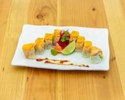 Torpedo Roll · Spicy kani, avocado, mango topped with salmon and sprinkled with caviar. Torched.