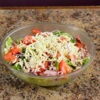Small Antipasto Salad. Serves 2-3 · Lettuce, onion, green pepper, tomato, cheese, ham and salami. Comes with a 2 oz and a 4 oz c...