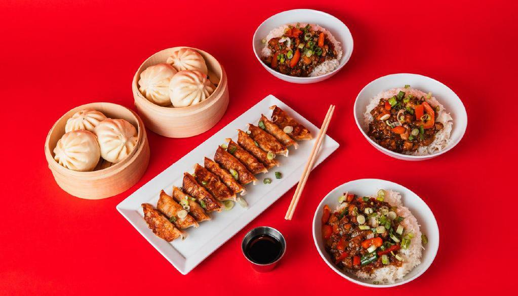 Family Bundle · An easy meal for 4-5 people. The Family Bundle is a combination of our fan favorites with 3 BBQ Berkshire Pork bao, 3 Spicy Mongolian Beef bao, 12 pan-seared Ginger Chicken potstickers, and 3 Teriyaki Chicken bowls.