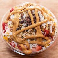 Acai Peanut Butter Bowl · Organic acai blended with banana, topping with strawberry, banana, mango, organic granola, o...