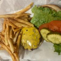 All American Cheeseburger · Topped with American cheese. Served with lettuce, tomato and pickle.