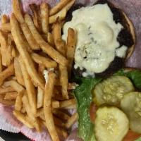 Blue Cheeseburger · Topped with melted blue cheese. Served with lettuce, tomato and pickle.