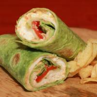 Power Wrap · 12” spinach tortilla, hummus, egg white omelet, roasted turkey, roasted sweet peppers, pickl...