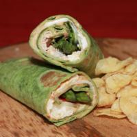 Vegetarian Power Wrap · 12” spinach tortilla, hummus, egg white omelet, spinach, jumbo asparagus, pickled cucumber, ...