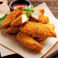 Chicken Fingers · A fresh batch of chicken fingers served with celery, carrots, and honey mustard.
