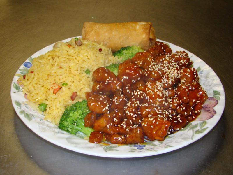 C19. Sesame Chicken Combination Platter · Served with pork egg roll and pork fried rice. 