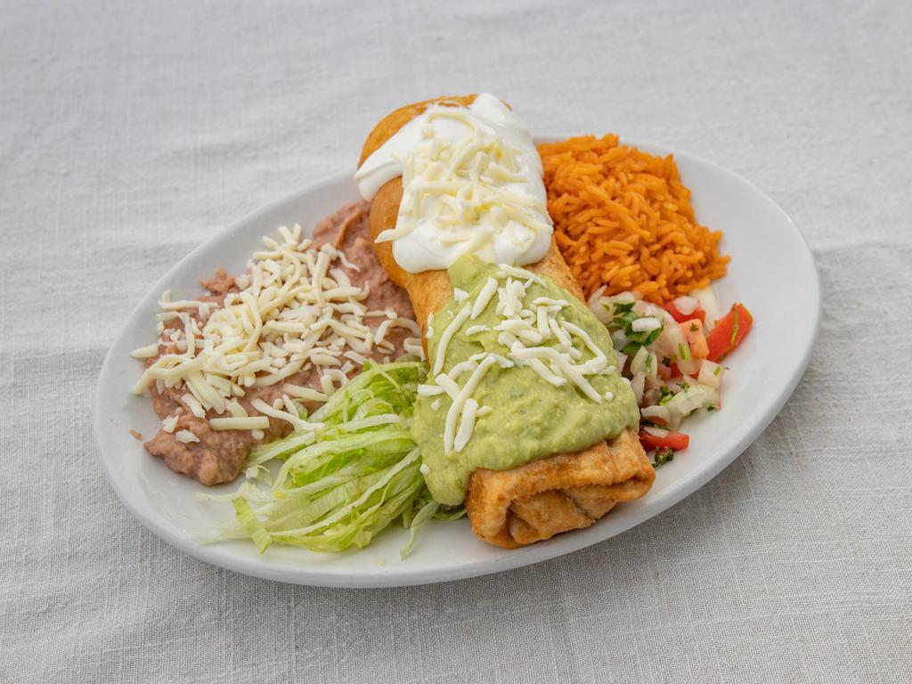 Chimichanga Plate · Includes rice, beans, sour cream, guacamole, pico de gallo and lettuce.