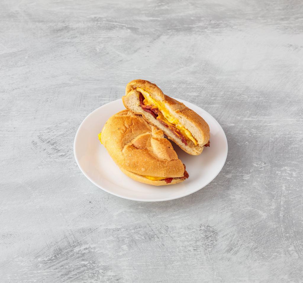 Bacon, Egg and Cheese Sandwich · Served on a Toasted Butter Roll