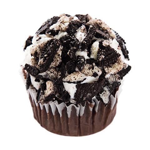 Cookies and Cream Cupcake · Chocolate cupcake topped with vanilla buttercream infused with crushed chocolate sandwich cookies and adorned with cookie crumble.