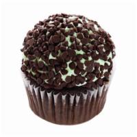 Mint Chocolate Chip Cupcake · Chocolate cupcake topped with mint infused buttercream and rolled in chocolate chips.