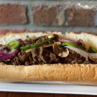 Philly Steak Sub · Thinly sliced steak, onions, green peppers and mushrooms. Baked with cheese. Comes with mayo...
