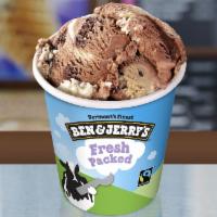 Half Baked · Chocolate and vanilla ice creams with fudge brownies and gobs of chocolate chip cookie dough.