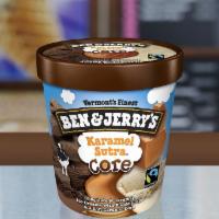 Karamel Sutra Core · Chocolate and caramel ice creams with fudge chips and a soft caramel core.