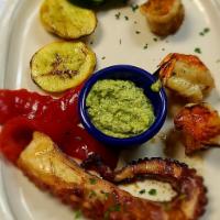 Pulpo con Camarones · Octupus with shrimp. Grilled shrimp and octopus with basil cilantro sauce.